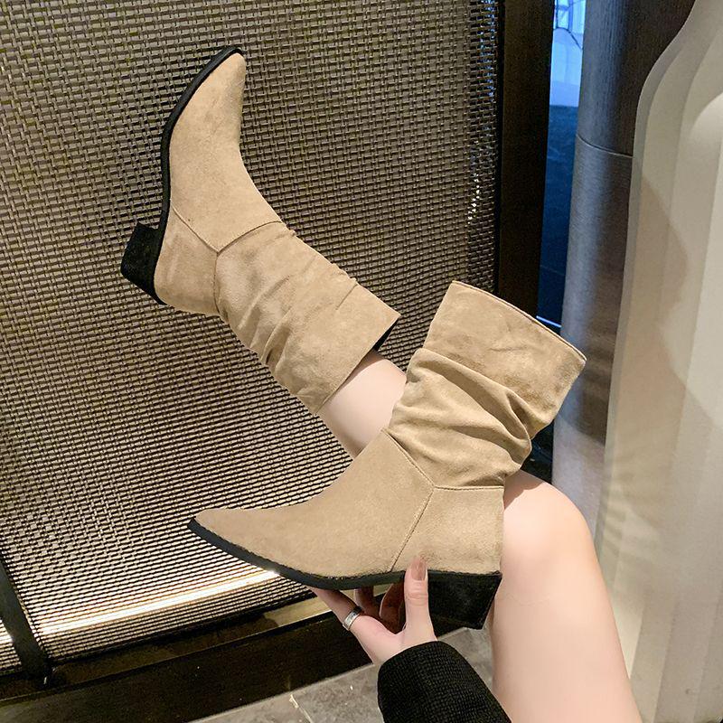 Women's Chunky Heel Pointed Toe Vintage Brown Western Cowboy Ankle Boots, Autumn/Winter 2025, V-Mouth Plus Velvet.