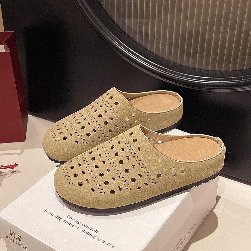 Spring and summer 2025 new retro versatile flat-bottomed Boken bag head slippers women's hollowed-out one-pedal soft-soled half slippers