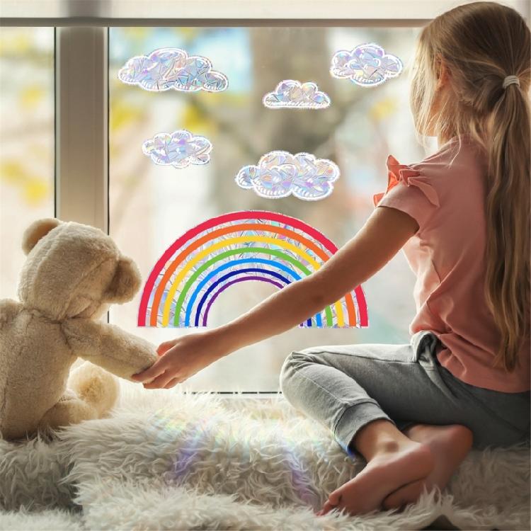 Reflective Rainbow Glass Stickers Colorful Flower Decals Sunlight Dispersing Window Films PVC Clings for Home Decors