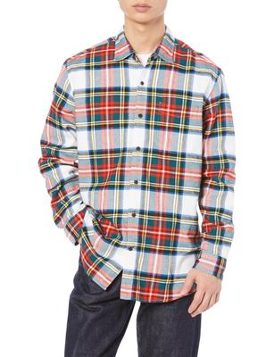 Amazon Essentials Men's Long Sleeve Flannel Shirt, White and Red, Tartan Plaid, Size Small