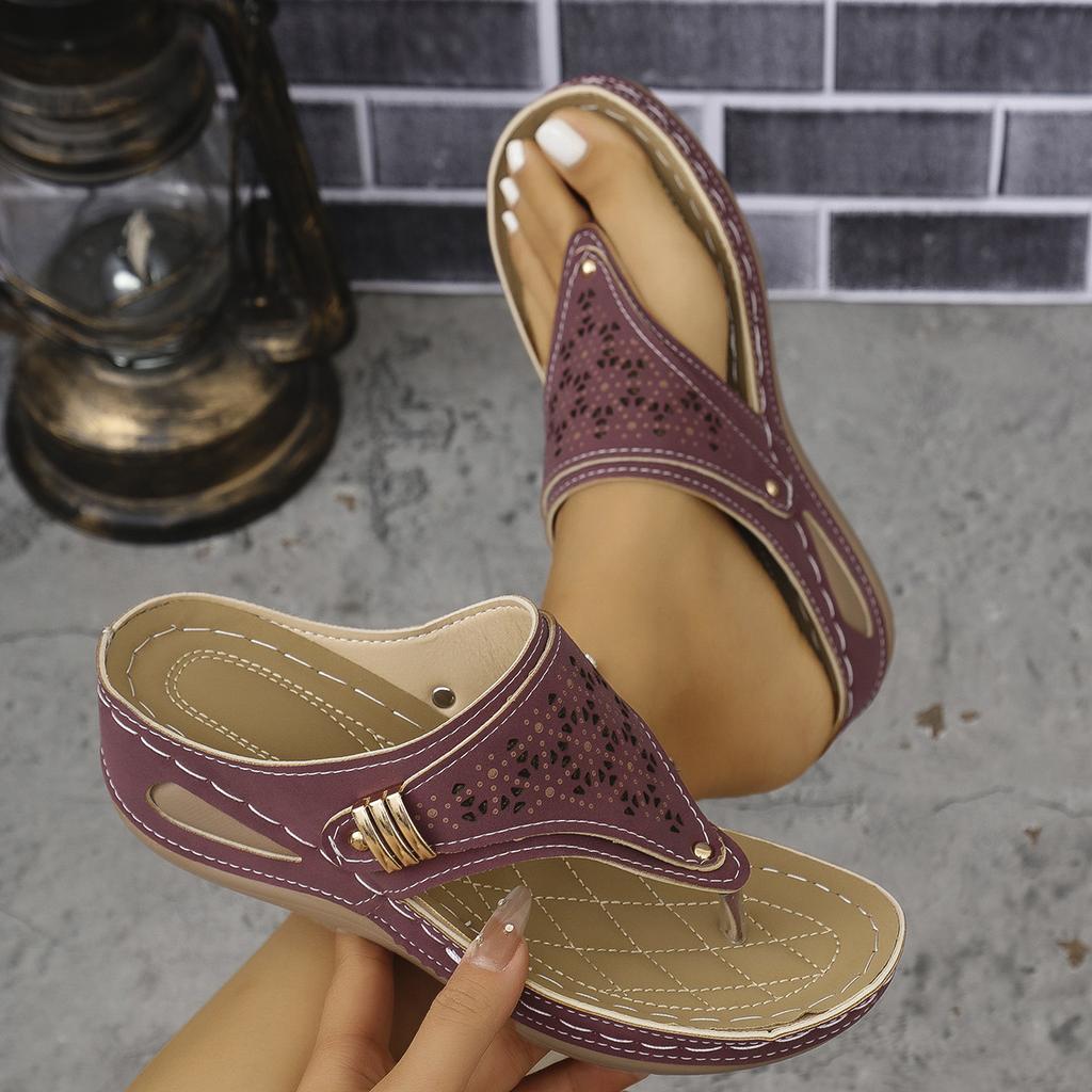 Women's Cutout Thong Sandals, Stitched Detail Wedge Slippers, Retro Platform Outdoor Slides for Women