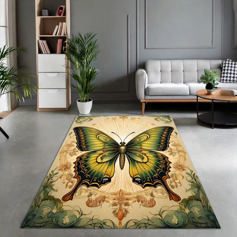Butterfly Rug Boho Floral Design Night Garden Area Rug Artistic Home Decor Dark Blue Green Pattern Living Room Floor Mat