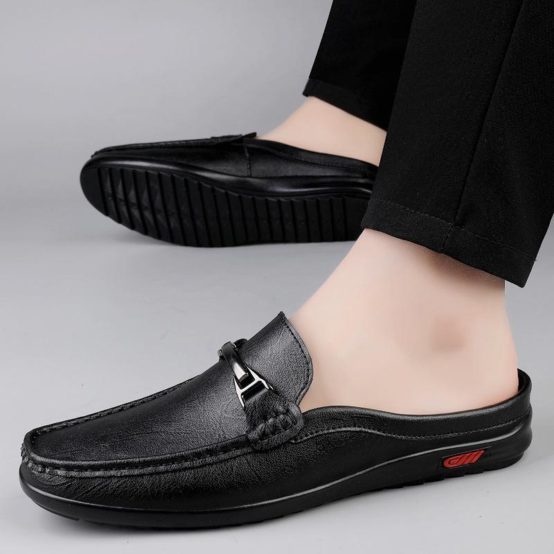 2025 men's shoes large size cool slippers genuine leather Doudou shoes men's soft-soled casual shoes foreign trade business dress half slippers