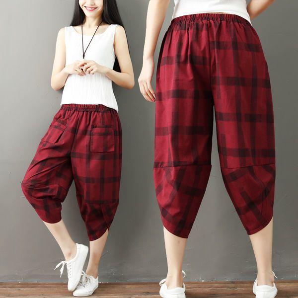 

Летние брюки средней длины из хлопка и льна, женские свободные клетчатые шаровары большого размера, укороченные повседневные брюки из льна цвета редиса 2XL