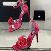 Fashion Luxury Rose Decoration Women Sandals Square Toe Belt Buckle Open Toe Heels Summer Fashion Ankle Strap Thin Heeled Slide Sandals