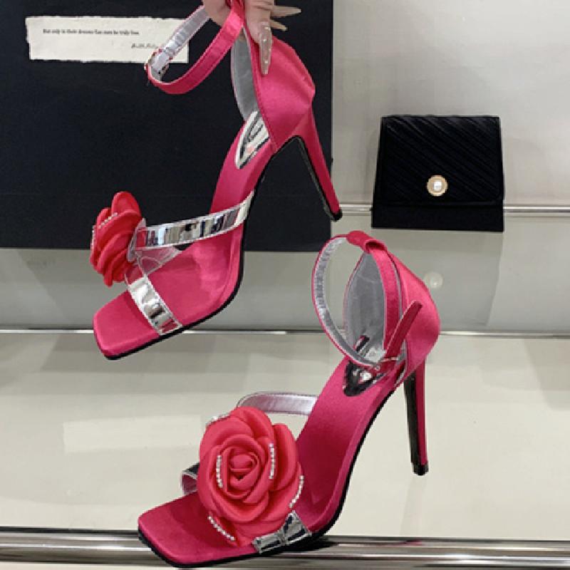 Fashion Luxury Rose Decoration Women Sandals Square Toe Belt Buckle Open Toe Heels Summer Fashion Ankle Strap Thin Heeled Slide Sandals
