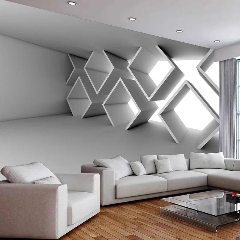 Carta da parati 3D astratta con muro di cemento, edifici geometrici, espansione dello spazio, camera da letto, divano