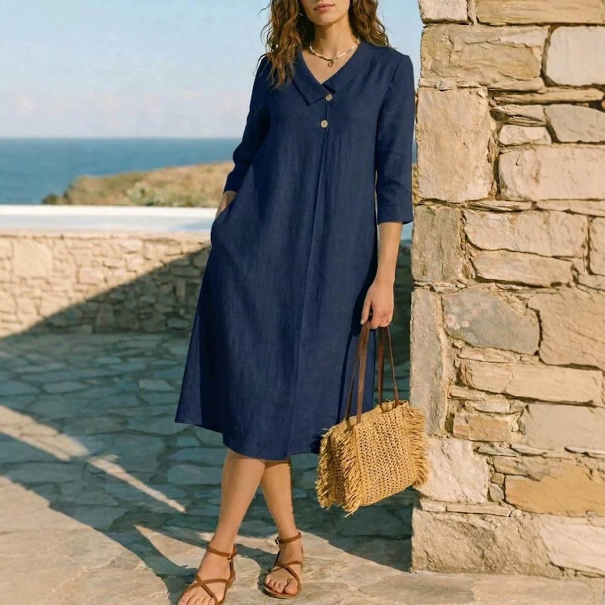 Europe beautiful woman summer solid color French lapel temperament elegant holiday style women s dress S