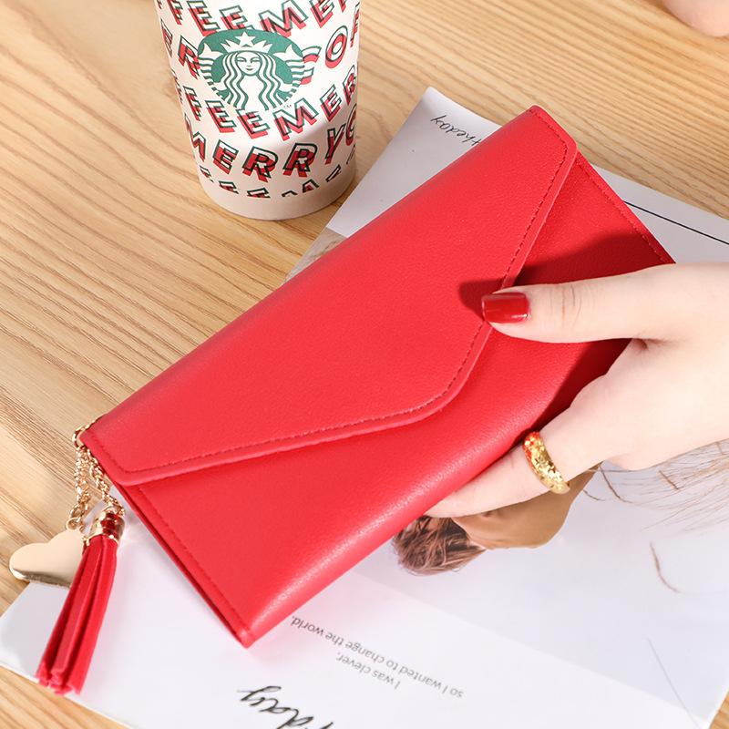 Wallet women's long heart-shaped fringe three-fold flip clutch bag simple lychee pattern women's wallet