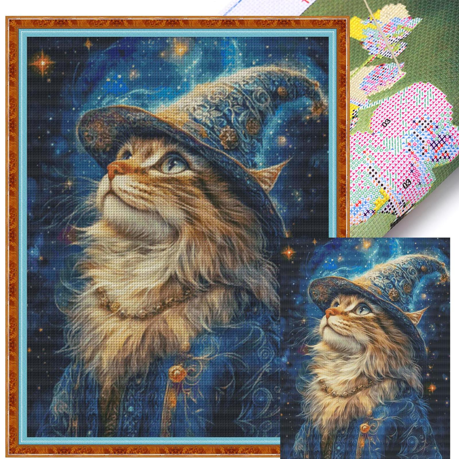 

Galaxy Cat Full 14CT DIY Stamped Egyptian Cotton Embroidery Needlepoint Starter Kits Large Size for Beginners Adults Home Decor
