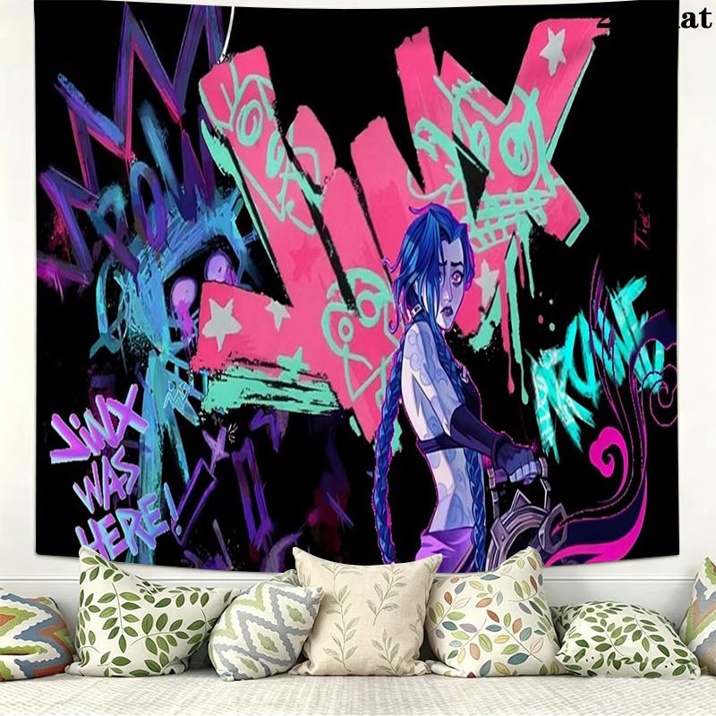 Jinx League of Legends Wall Tapestry Aesthetic Wall Hanging Printed Fabric Blanket Decorative Tapestries for Bedroom Living Room Home Decor