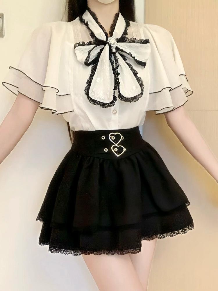 POSHOP Japanese Bell Sleeve Chiffon Top & Summer Skirt Two-Piece Set