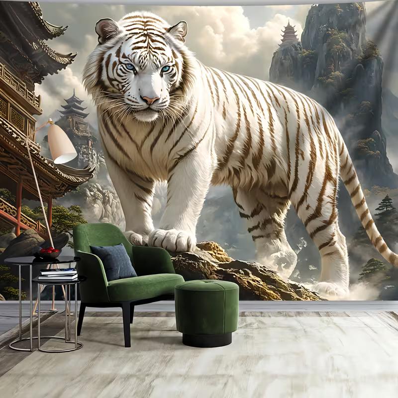 2D Majestätischer Tiger Hintergrund Orientalische Nebelberglandschaft Party Hintergrund
