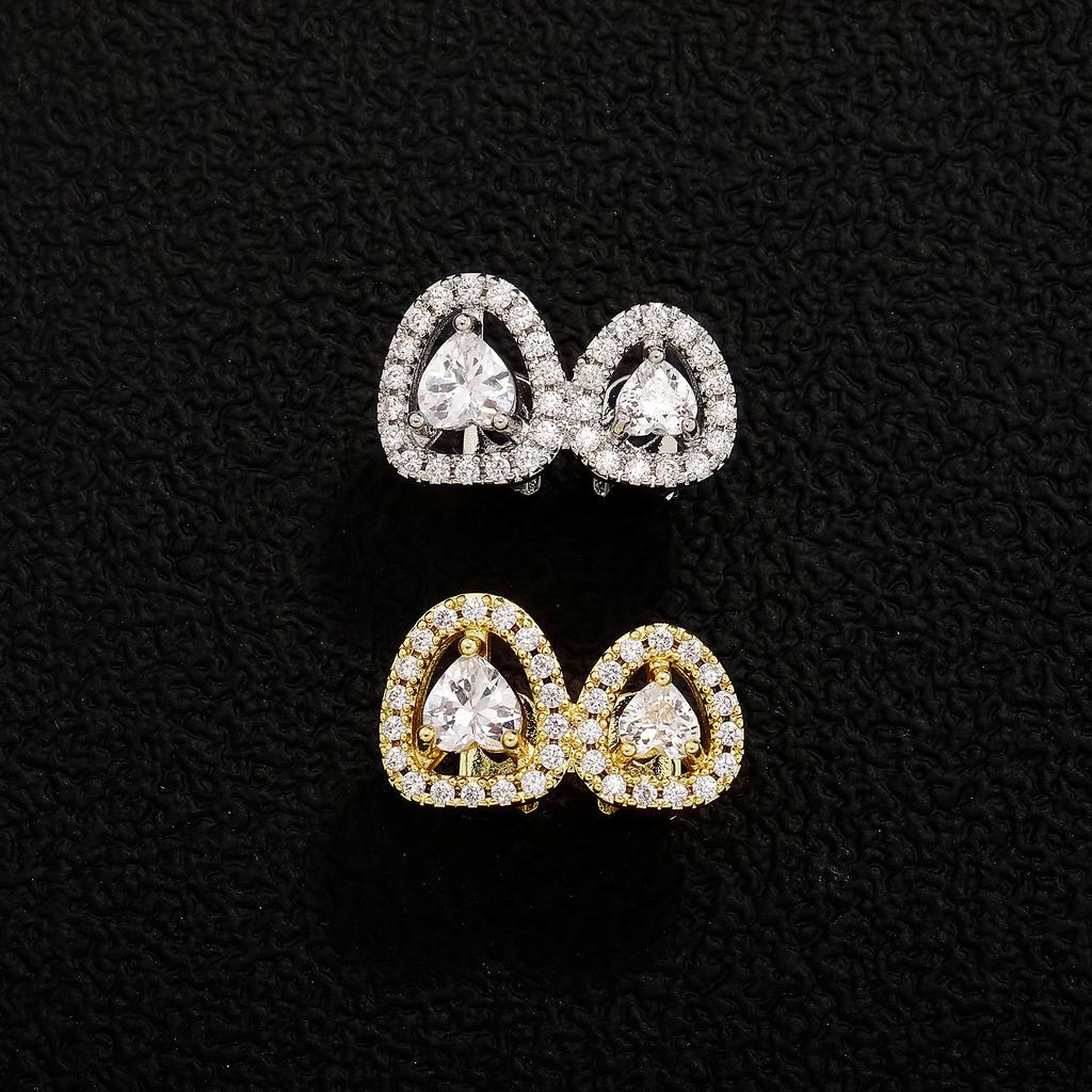 Factory Directly Sell Gold Silver Metal Color Brass with Bling Zircon Hip Hop Two Piece Love Heart Teeth Grillz