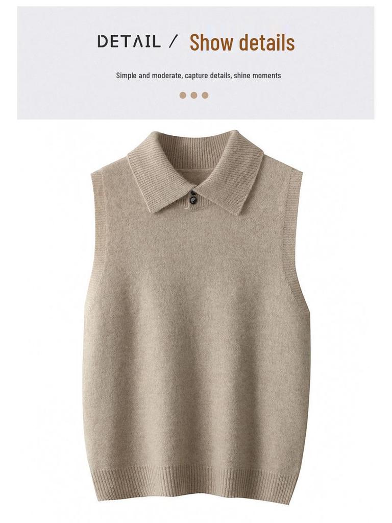 Cashmere Button-Up Sleeveless Sweater Vest with Polo Collar