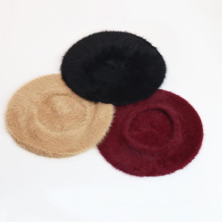 Autumn Winter New Fashion Plush Warm Good Quality Rabbit Fur Beret Winter Berets Outdoor Casual Flat Top Beret for Woman