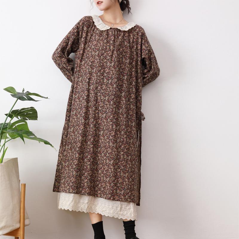 Japanese Mori Girl Spring Autumn Women Cotton Linen Dress Peter Pan Collar Floral Print Retro Dress Embroidery Hollow Out Elegant Vintage Dress