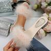 Fashion Women Luxury Slippers Lady Fashion Wedding Slip-On Pink Square Toe Women Slides Women 2025 Fluffy Peep Toe Middle Heels