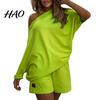One-shoulder 2 Pcs/Set Women Tracksuit Solid Color Short Pants Leisure Summer Top Set for Daily Wear