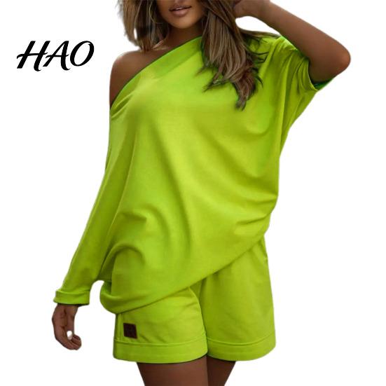 One-shoulder 2 Pcs/Set Women Tracksuit Solid Color Short Pants Leisure Summer Top Set for Daily Wear
