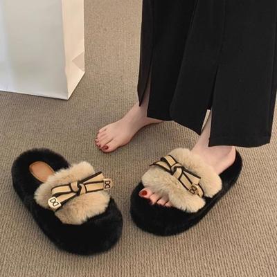 Belles et confortables pantoufles en laine et coton avec nœud pour femmes, nouvelles pantoufles polyvalentes pour femmes, style célébrité Internet