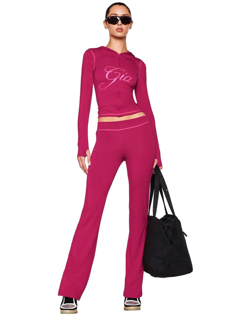 2026 Women Printed Hooded Long Sleeve Crop Top & Flare Pants Two Piece Set Slim Fit Thumb Hole Y2K Streetwear Tracksuit