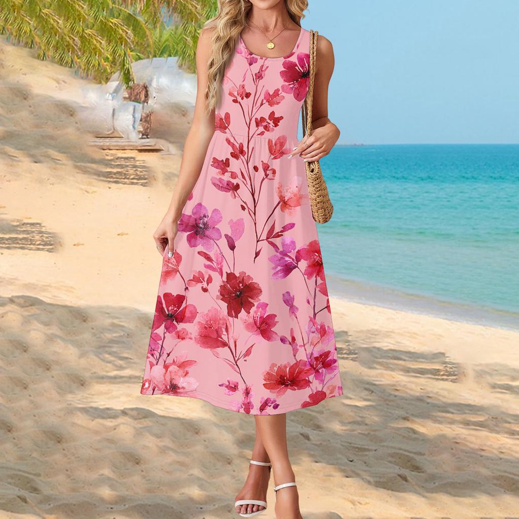 Fashionable women's summer dress with floral print, flowy casual , perfect for beach vacations, sundress with pockets.
