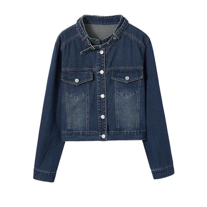 2025 Women's Blue Retro Denim Stand Collar Jacket - Spring & Autumn Casual Fashion (LU8930)