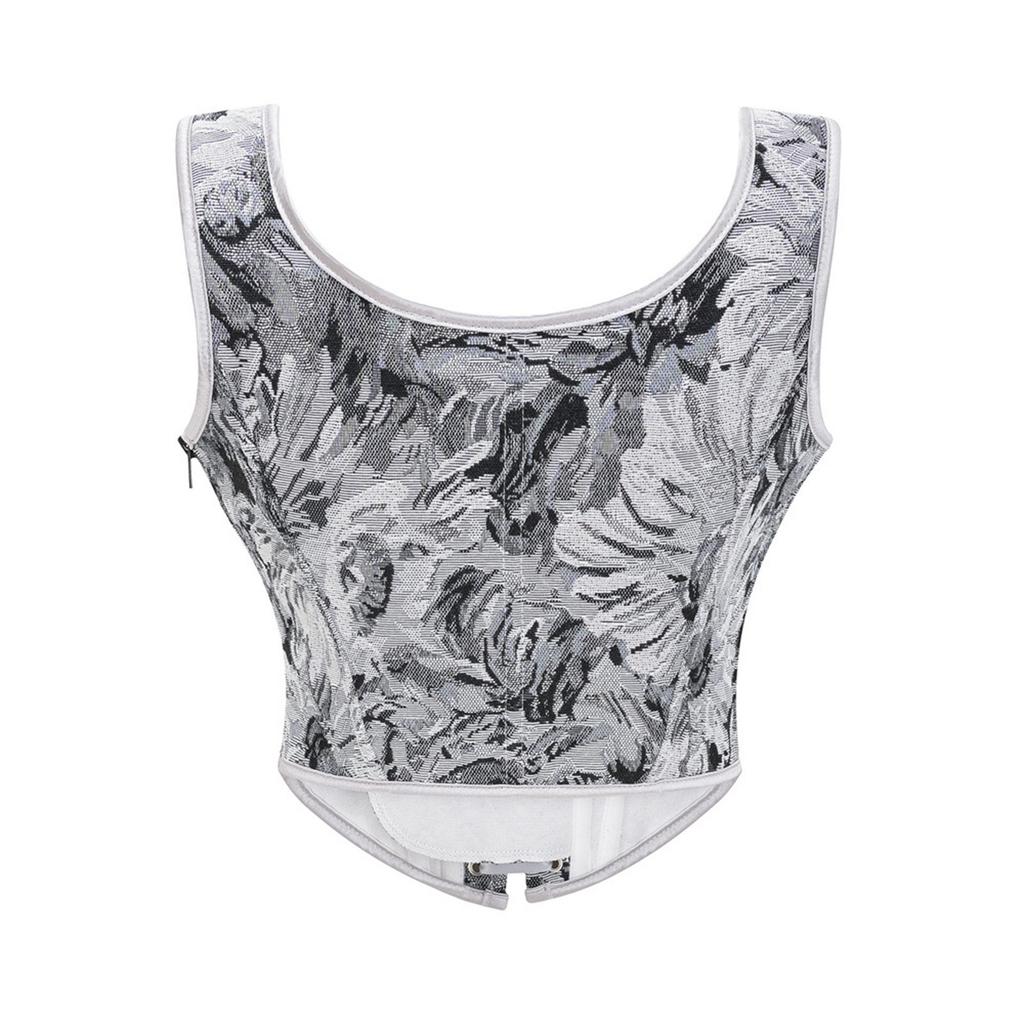 Women’s Strappy Sleeveless Lace Up Waist Cincher Top with Floral Pattern Square Neck Fitted Bustier Tank for Casual or Party Wear