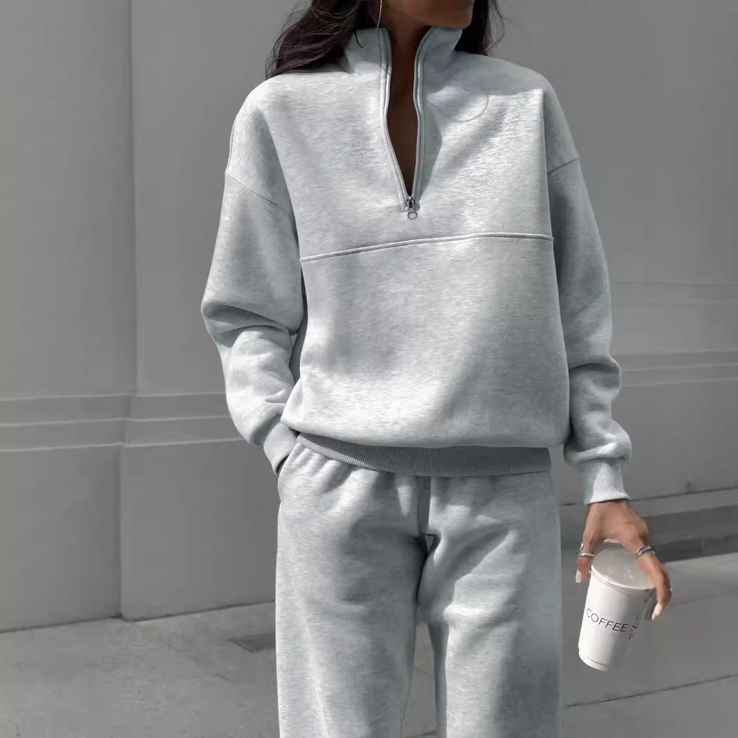 

Женский повседневный костюм-двойка в европейском и американском стиле с лацканами на молнии, однотонный, для осени и зимы. Large светло-серый