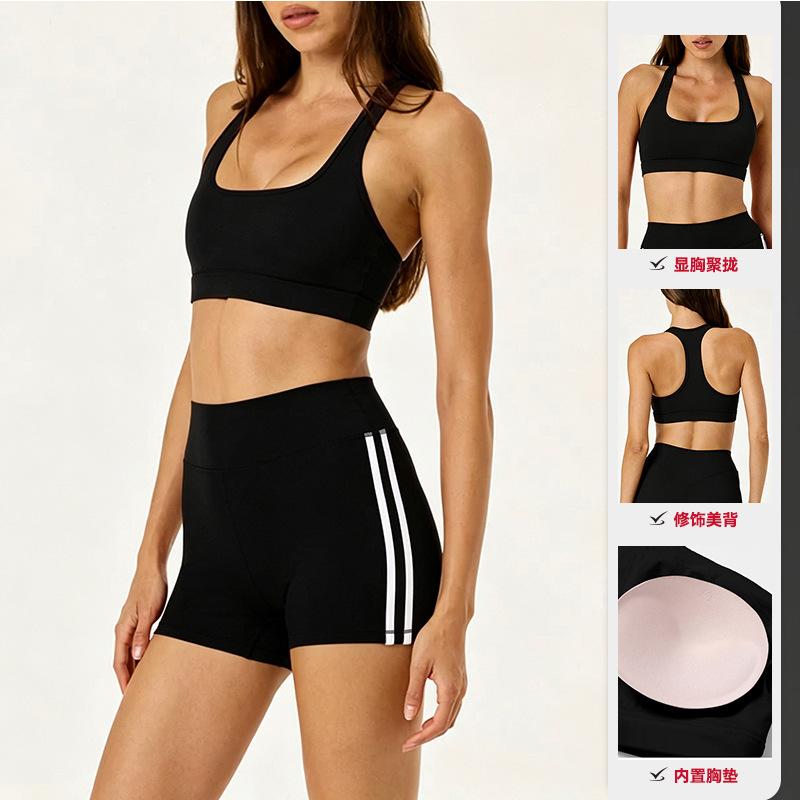 Sports Tight Yoga Suit with Chest Pad Fitness Bra Women's Outdoor Casual Running Outside Striped Shorts Suit