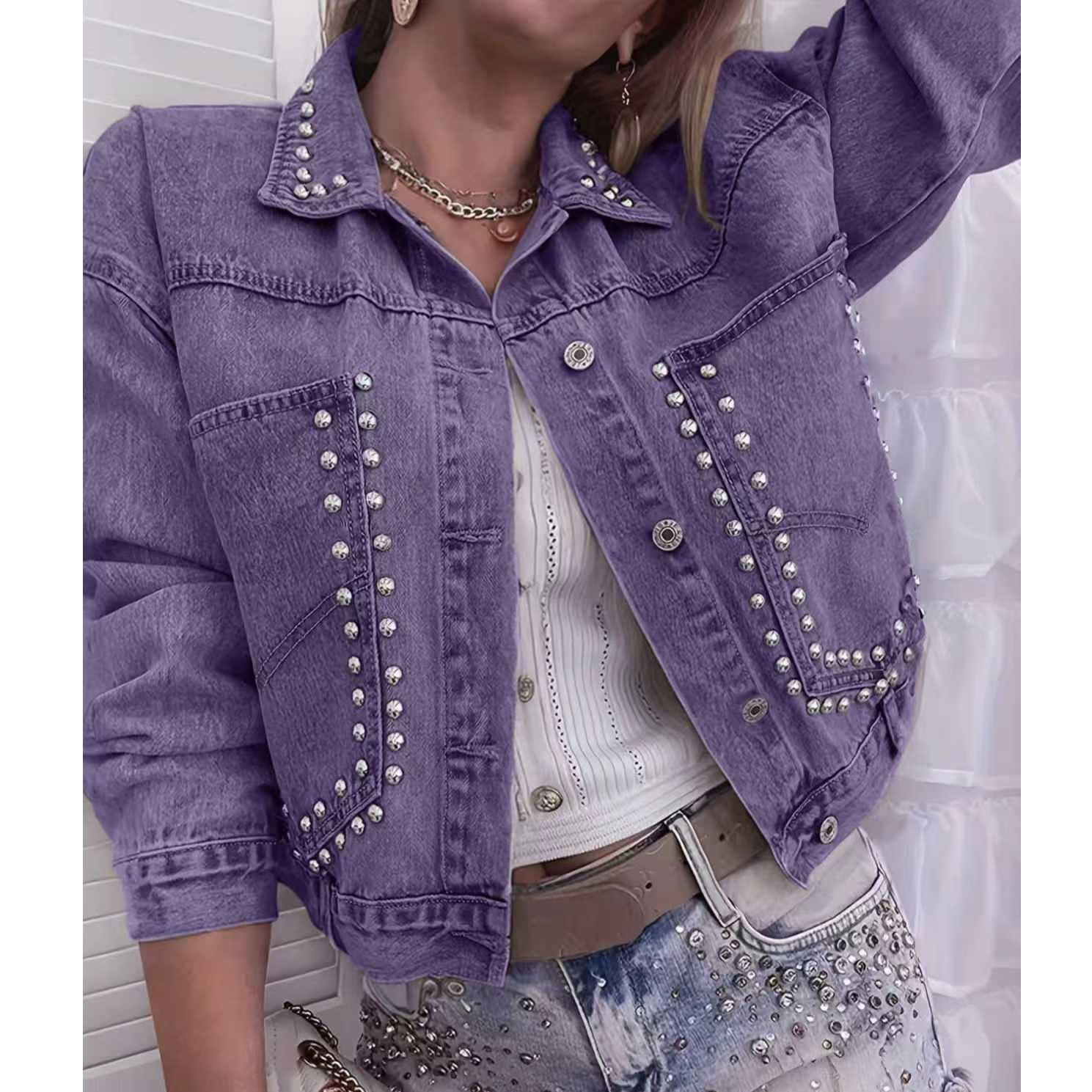 European Style Plus Size Women s Studded Beaded Denim Jacket XL