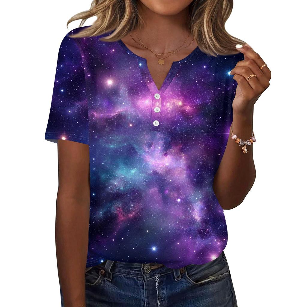 Women's T Shirt Print Button Short Sleeve Daily Weekend Fashion Basic V, Neck Regular Top