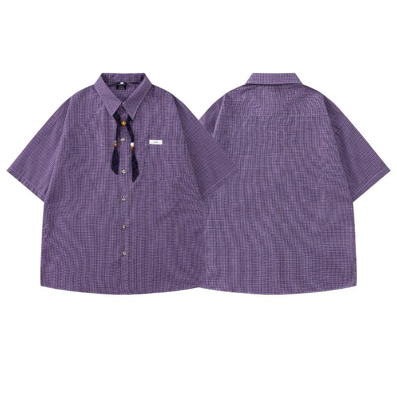 Japanese Retro Streamer Decorative Purple Plaid Short-sleeved Shirt Summer Loose Casual Lapel Shirt for Men and Women