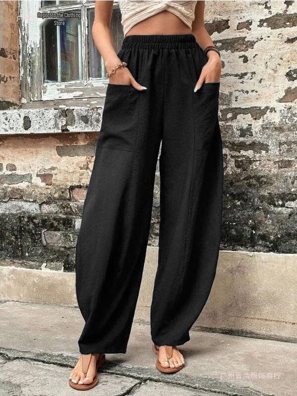 Women's Solid Color Casual Pants with Pockets and Elastic Waist