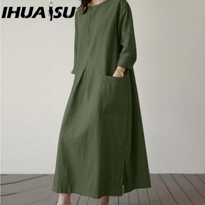 Women Casual Cotton Long Dress O-Neck 3/4 Sleeves Casual Dresses