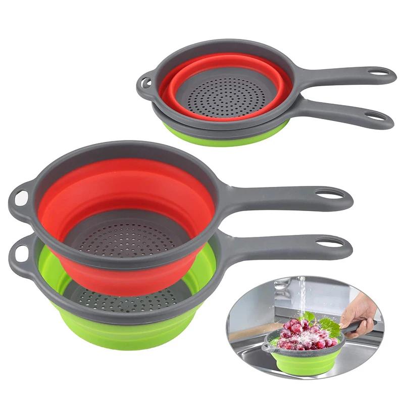 Collapsible Drainer with Handle, Foldable Silicone Colander, Fruit and Vegetable Washing Basket, Kitchen Tools Strainer