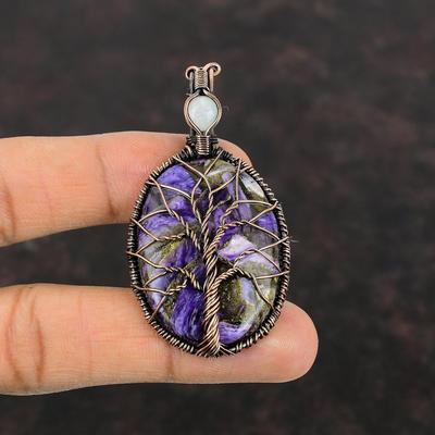 Tree Of Life Copper Charoite Pendant Copper Wire Wrapped Pendant Gemstone Handmade Pendant Rainbow Moonstone Pendant Designer Copper Jewelry