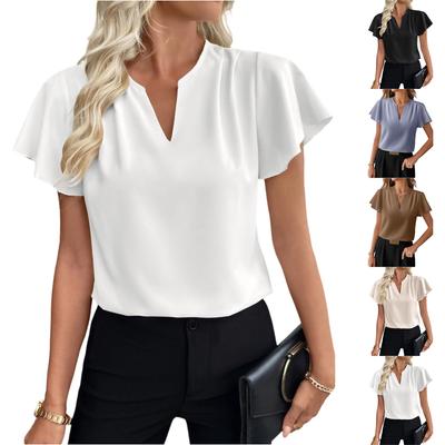 Fashionable Women's Ruffle Sleeves, Fashionable And Elegant V-neck Pleated Color Short Sleeved Shirt