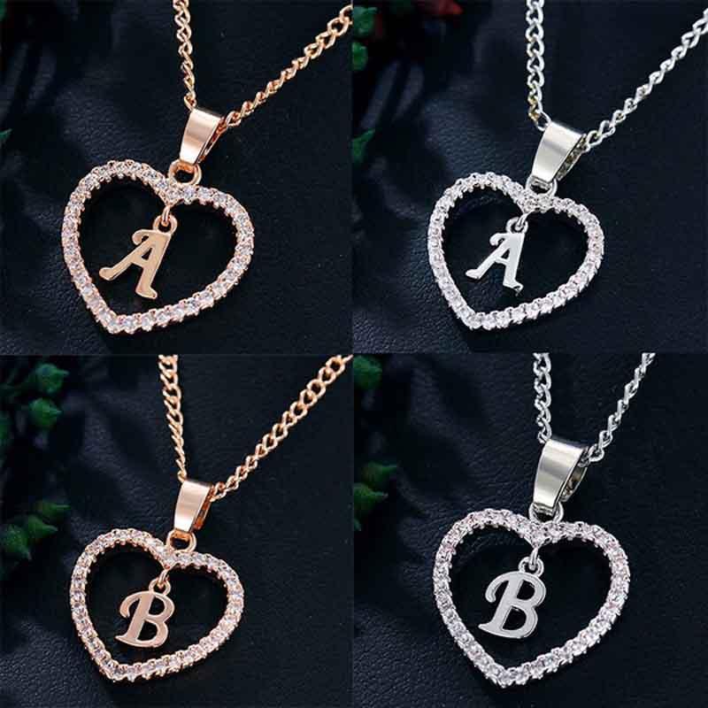 Heart Letters 26 Love Crystal Women Silver Plated Chain Jewelry Necklace