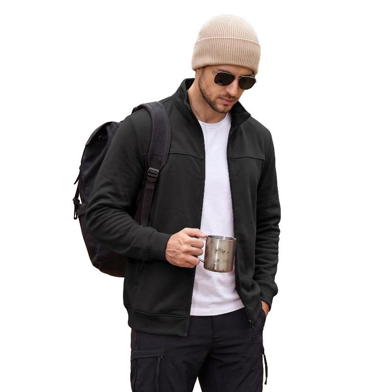 Men's Stand Collar Fleece Lined Zip Jacket Side Pockets Outdoor Casual Top.