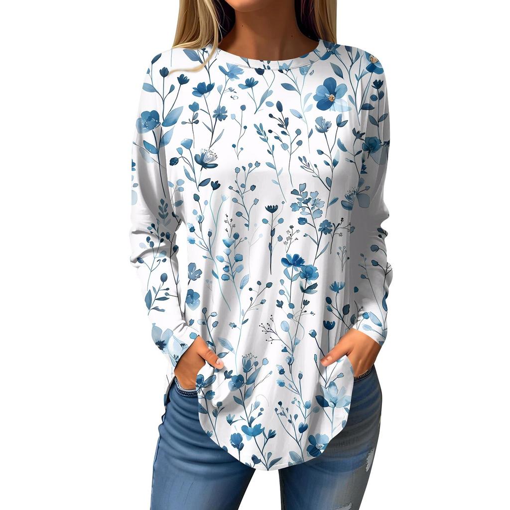 Dames Losse Ronde Hals Print Lange Mouw T-shirt Top Pullover