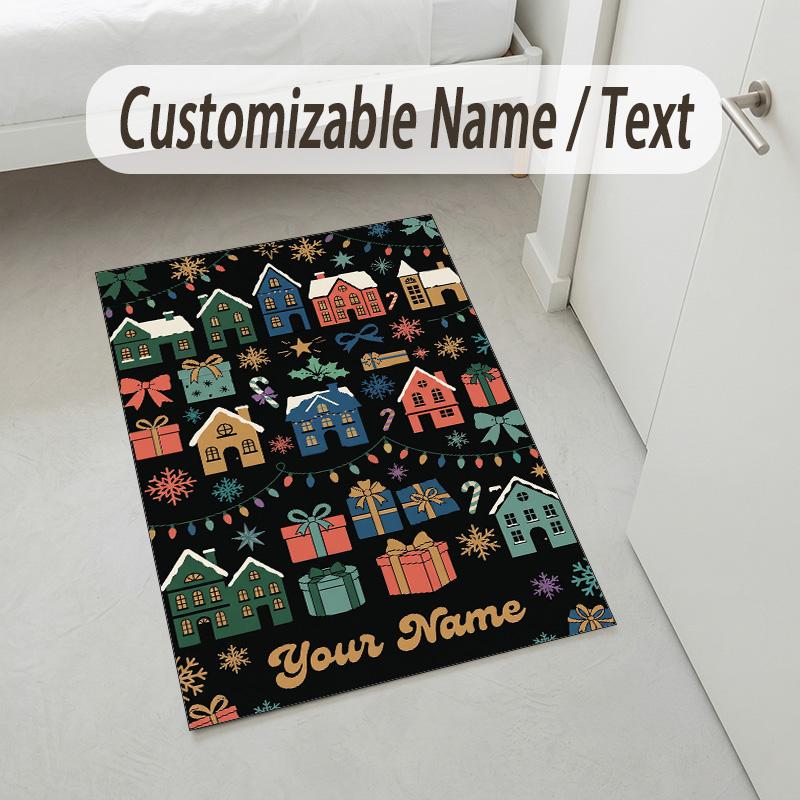 Christmas Theme Crystal Velvet Rug Personalized Custom Name Text Soft Floor Mat Home Decor