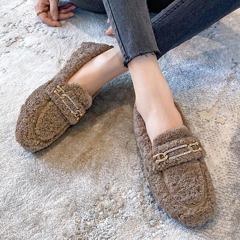 Luxuriöse mit Schaffell gefütterte Loafer Damen Lammwollschuhe Damen Winter Slipper Fellige Flats Baumwolle Wolle Mocasine Femme Barfußstiefel