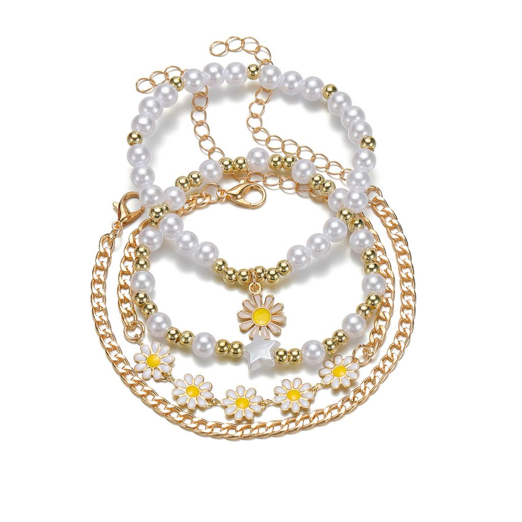 4pc Bohemian Daisy Flower Pendant Beaded Star Heart Bracelet Set for Women Daisy Imitation Pearl Bangles Girls Vintage Jewelry