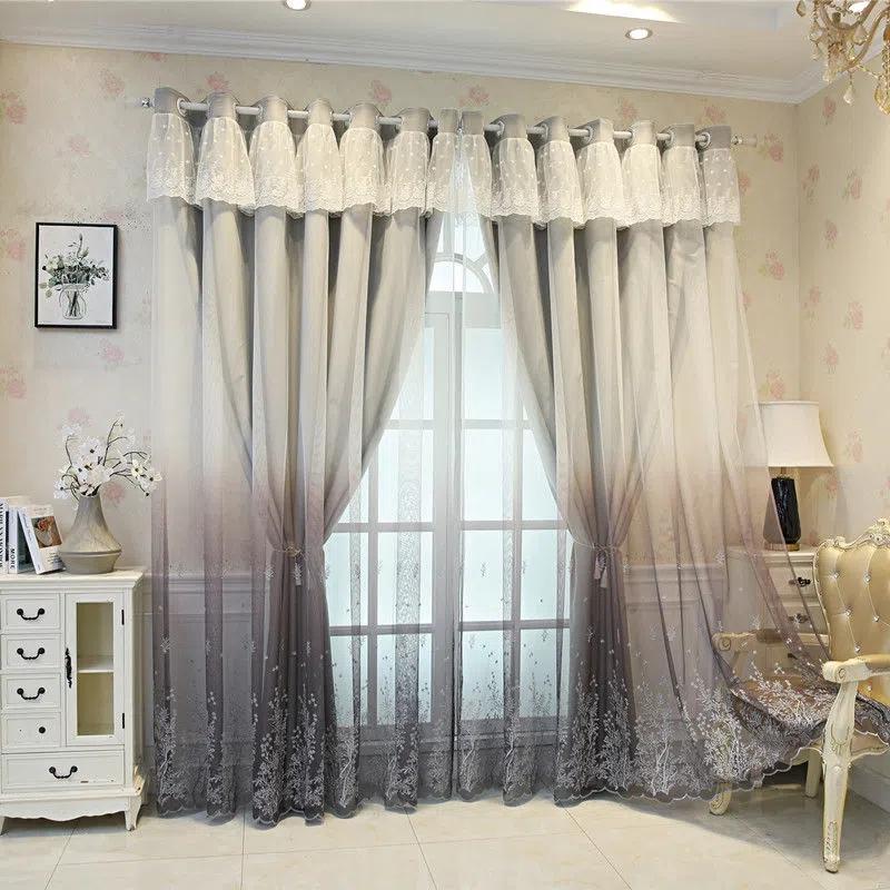 

2 шт., простые затемняющие шторы в скандинавском стиле, элегантные двухслойные тканевые шторы с вышивкой для спальни, гостиной, перфорированные шторы из пряжи W150*H270cm*2pcs серый