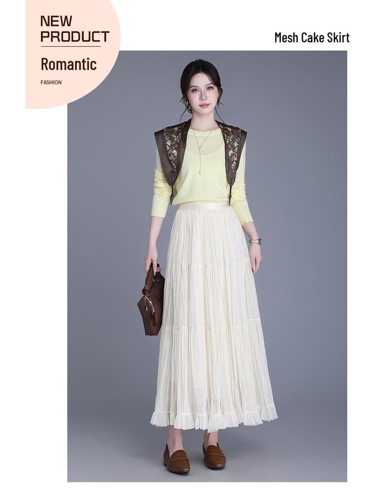 Women's 2026 Retro Ruffled Pleated Mesh Skirt - Slimming Elastic Waist, Early Spring