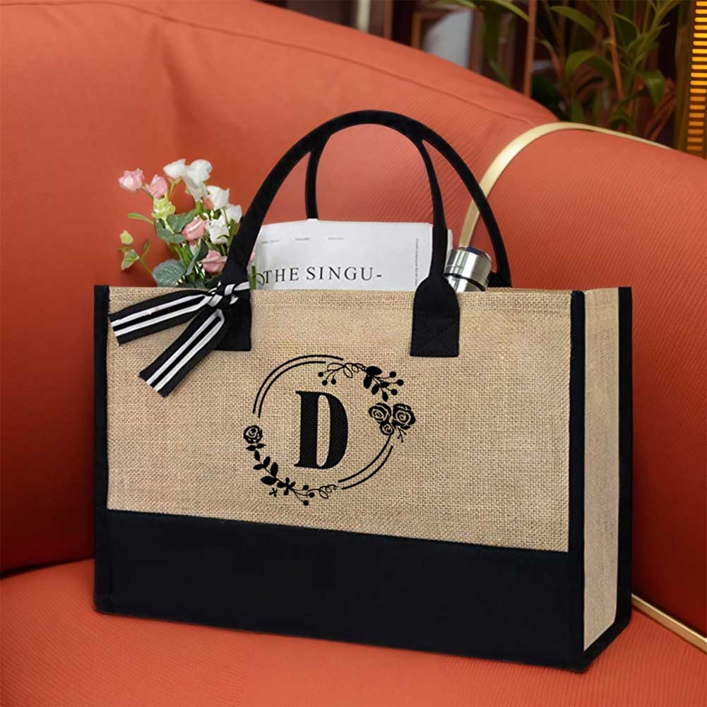 

Женская джутовая сумка-тоут Летняя пляжная сумка с буквой Персонализированная сумка-тоут Стильная сумка для поездок на работу для учителей, друзей, подружек невесты