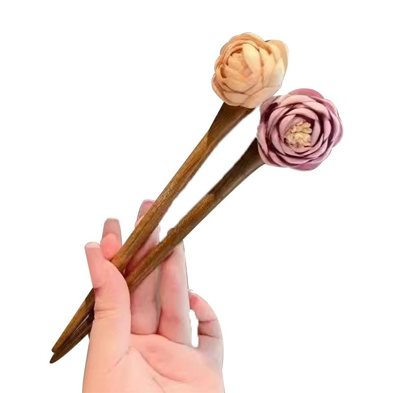 Vintage Wooden Hair Stick with Artificial Flowers, New Chinese Style Elegant Hairpin, Cheongsam Ancient Style Hair Accessory