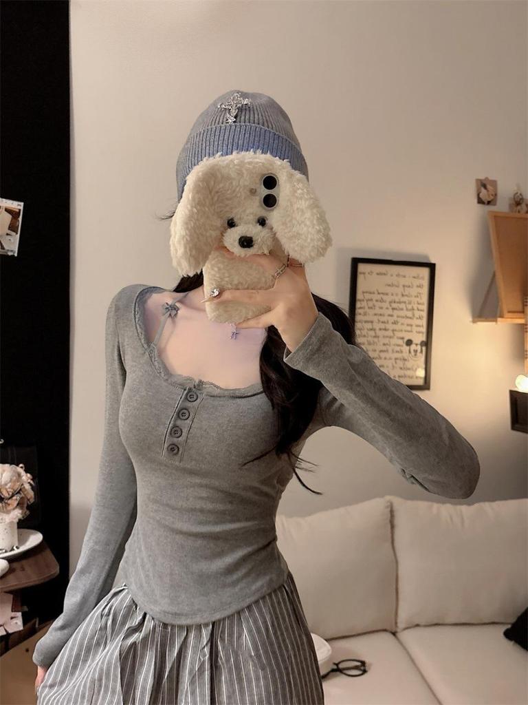 Women's Red Lace Patchwork Long Sleeve Slim-Fit T-shirt - Autumn/Winter Trendy Base Layer Top